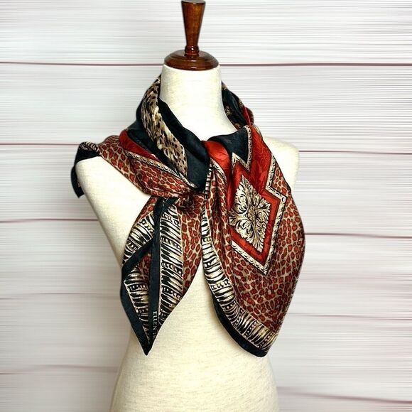 Ellen Tracy Linda Allard Silk Jacquard Cheetah Scarf Black Red Beige Vintage - Picture 8 of 12